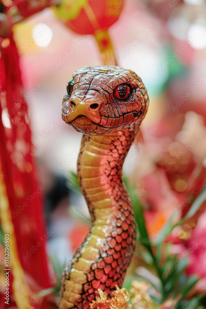 Poster a close-up view of a snake statue surrounded by colorful flowers