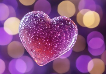 Obraz premium Close-up Dew Drops on Purple Glass Heart, Romantic Bokeh Background
