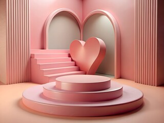 Abstract pink 3D room with realistic pedestal podium heart shape set.