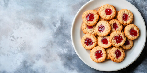 Homemade shortbread cookies with strawberry jam, stacked gourmet biscuits with sweet filling, traditional pastry treats from above, crunchy confections with fruit cream, copy space, top view