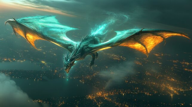 Neon Skyline. Azerothcore LitRPG dlss Cloud gaming Worldbuilding Romantasy artstation Animoca Brands Ilysia Traderie Futuristic glowing dragon flying over city night fantasy