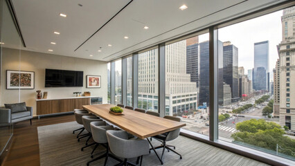 A modern conference room with large windows offers a stunning view of a bustling urban skyline. The room features a long table, surrounded by chairs, with minimalistic decor and a mounted TV.AI genera