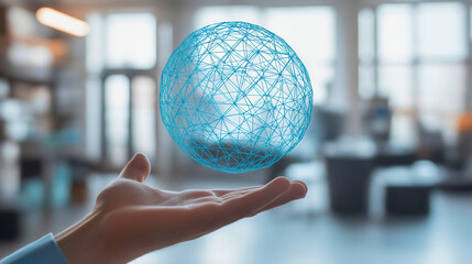 Businessman holding glowing wireframe sphere, global network polygon structure, technological mesh globe in corporate hands, digital world connection with geometric patterns