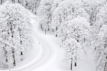 Fototapeta premium A serene winter landscape featuring a dense forest covered in snow, perfect for use in outdoor and nature-themed projects