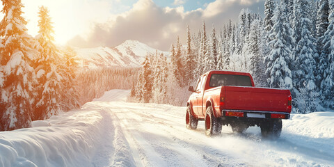 Red truck traveling along snowy mountain roads, capturing the spirit of a winter adventure