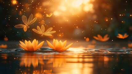 A radiant Japanese background showcasing golden dragonflies flying over a calm water motif with an open middle section 