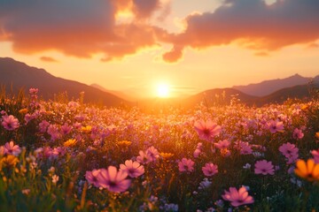 Fototapeta premium A serene sunrise over a meadow during the vernal equinox. Generative AI