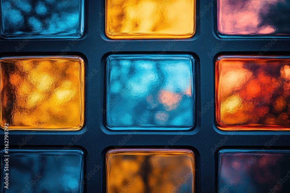 Poster a detailed view of stacked glass blocks in various colors