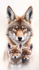 Fototapeta premium Majestic Coyote Family Portrait: Close-Up Digital Painting in a Soft, Realistic Style. AI Generated