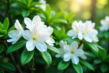Fototapeta premium Snow-white rhododendron flowers in full bloom amidst greenery, blooming, petal