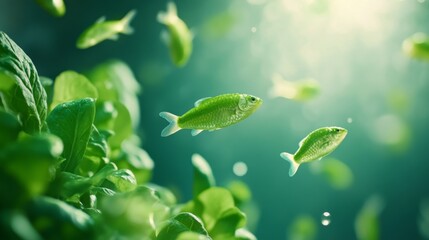 A serene underwater scene featuring vibrant green fish swimming through lush aquatic plants, creating a harmonious natural environment.