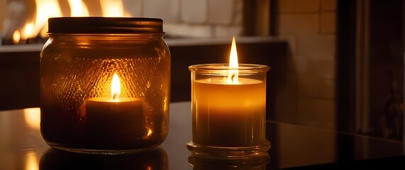 A softly glowing candle in a glass jar beside a crackling fireplace bathed in warm golden light