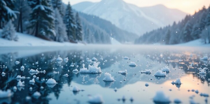 Snowflakes gently fall onto the frozen surface of Eildon Hills lake, nature, frosty