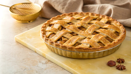 Homemade apple pie on marble surface with lattice crust for autumn dessert inspirations.