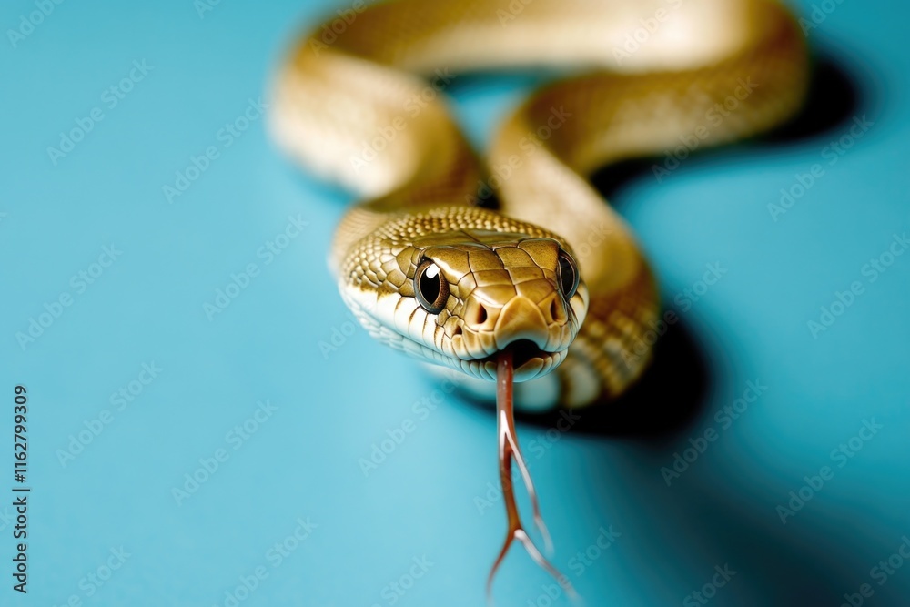 Poster close-up shot of a snake on a blue surface, ideal for use in scientific or educational contexts