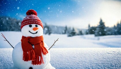 Snowman in a snowy background with sunlight