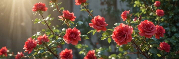 Soft morning light highlights the tender red petals of a blooming rose bush , garden landscape, morning dew