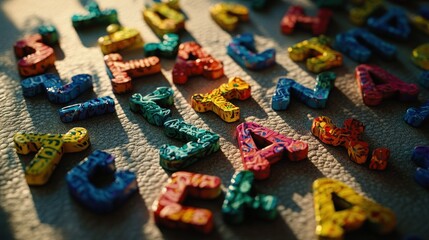 Fototapeta premium Colorful alphabet letters scattered on a light surface, illuminated by sunlight, casting shadows.