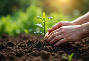 Fototapeta premium Tender hands gently planting a sapling in rich soil, symbolizing growth and environmental care.