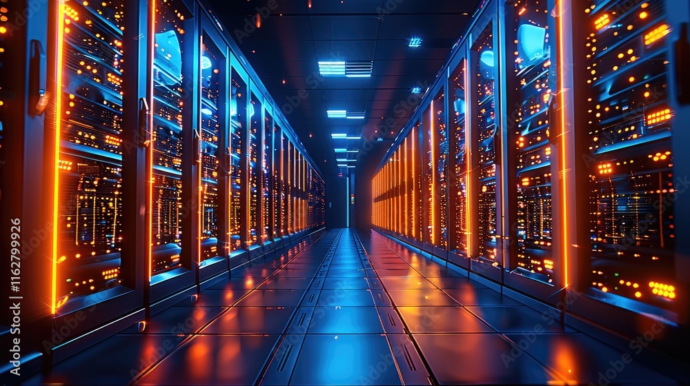Aufkleber dark futuristic server room with long rows of glowing servers on both sides. the servers emit blue a
