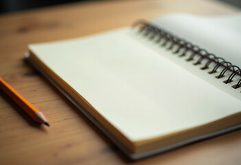 Blank spiral notebook lies open on a wooden table with a pencil nearby, ready for writing or drawing.