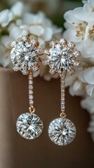 Fototapeta premium Luxury Earrings. Diamond gold earrings with floral white blossoms back