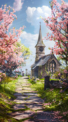 Path leading to a quaint church, framed by vibrant flowers and clear blue skies in spring.