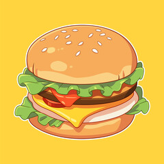 Vector illustration of delicious burger with lettuce leaves, cheese, tomato, mustard, sauce, sesame, bun. Sticker isolated on background. Clip art object for restaurant, menu, advertising banner.