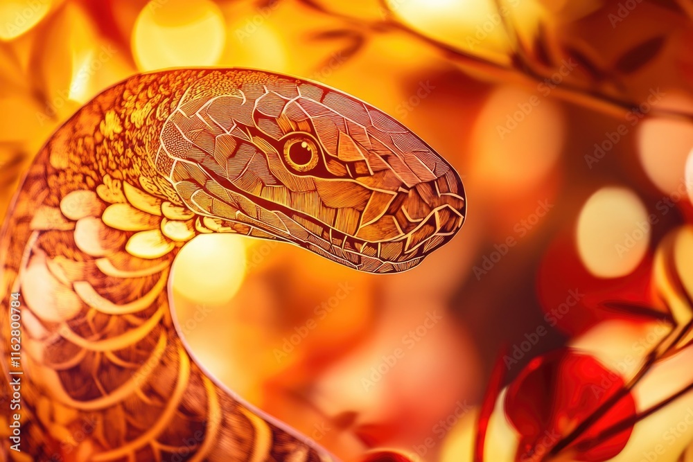 Poster Close-up shot of a snake coiled around a tree branch, highlighting its scaly texture and alert posture
