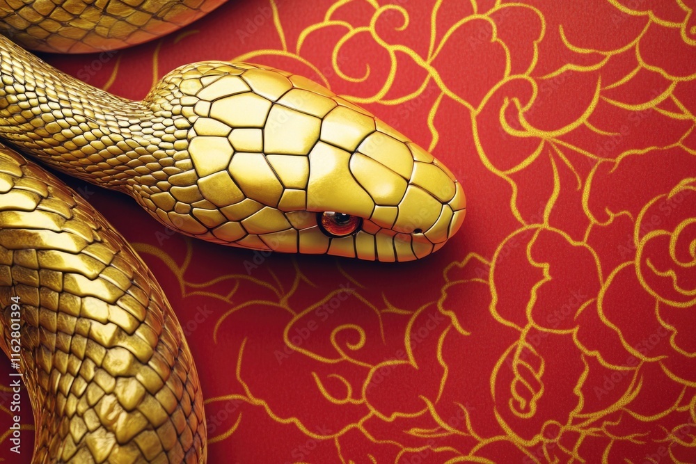 Aufkleber a golden snake statue stands out against a bright red background