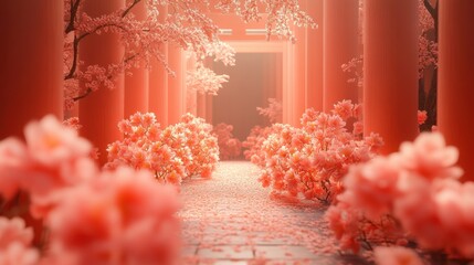 A vibrant backdrop featuring cherry blossoms, golden rabbits leaping through the design, and an open central area for content 