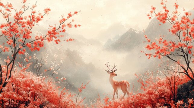 A vibrant background showcasing stylized cherry blossoms, a graceful deer, and a clear middle section framed by soft patterns 