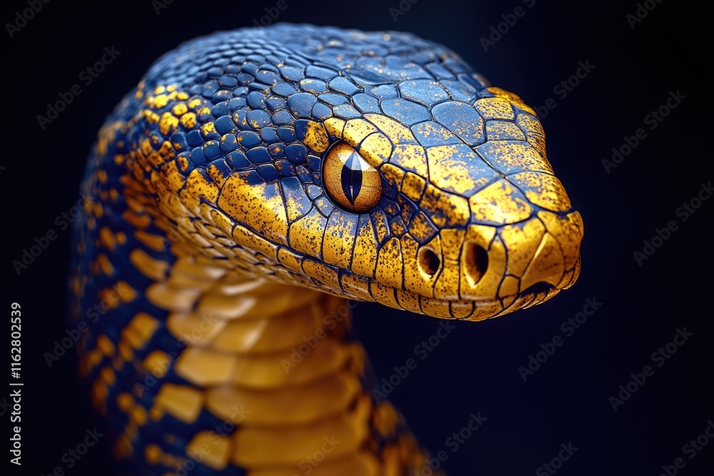 Poster a close-up shot of a snake's head on a black background, perfect for highlighting details and textur