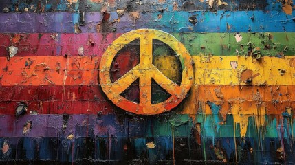 A Pride-themed backdrop with bold rainbow stripes and a decorative peace symbol in the corner leaving the center empty 