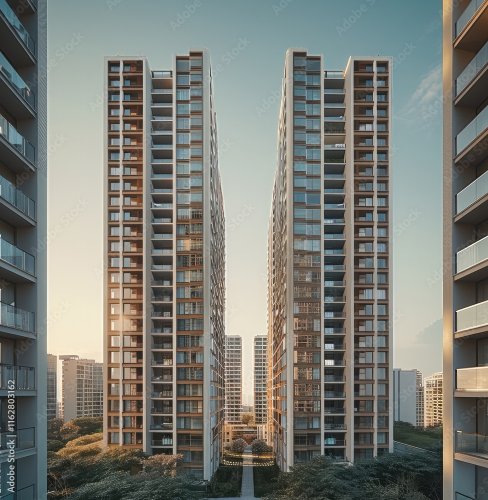Aufkleber A modern residential complex consisting of three tall blocks, each with around 13 floors. The buildings feature a tiered design, create elegant displacements.