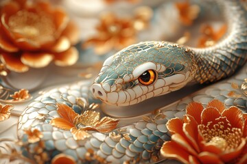 Fototapeta premium A close-up shot of a snake surrounded by colorful flowers, great for wildlife or nature-themed projects