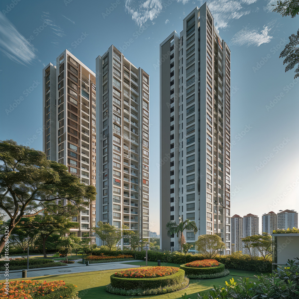Aufkleber A modern residential complex consisting of three tall blocks, each with around 13 floors. The buildings feature a tiered design, create elegant displacements.