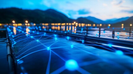 Obraz premium A tranquil view of illuminated water with glowing connections, symbolizing innovation and the fusion of nature and technology.