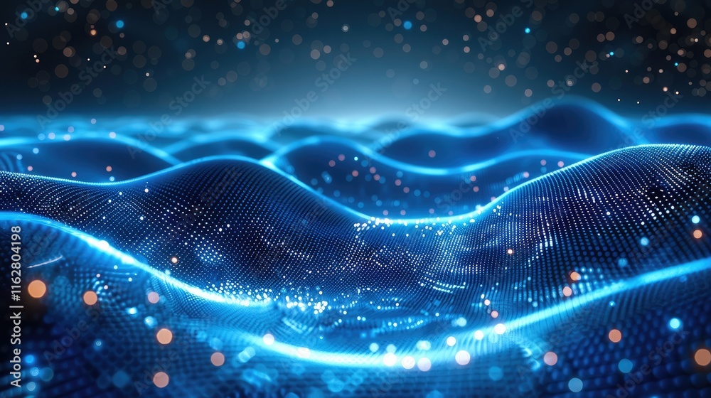 Poster Vector abstract futuristic digital landscape with particles dots and stars on horizon. computer geometric digital connection structure. Futuristic blue abstract grid. Intelligence artificial.