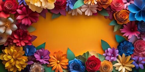 Obraz premium A vibrant arrangement of colorful paper flowers framing a bright orange background. Perfect for spring themes and celebrations.