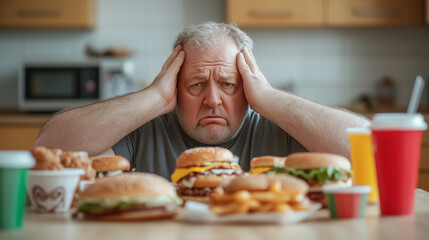 an american man aged 34, with overweight, eating so many fast-food, cannot control appetite, in the kitchen.