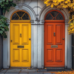 Doors in yellow and orange adjacent to each other.