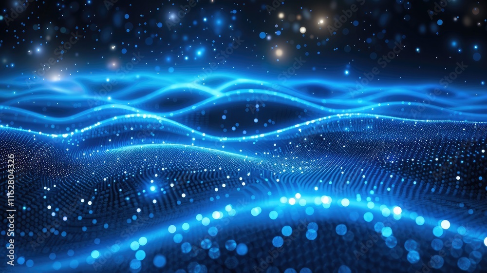 Poster Vector abstract futuristic digital landscape with particles dots and stars on horizon. computer geometric digital connection structure. Futuristic blue abstract grid. Intelligence artificial.