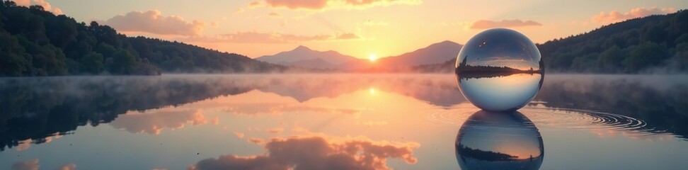 Fototapeta premium A metallic sphere is reflected in the surface of a serene and peaceful lake at sunrise, serene, morning