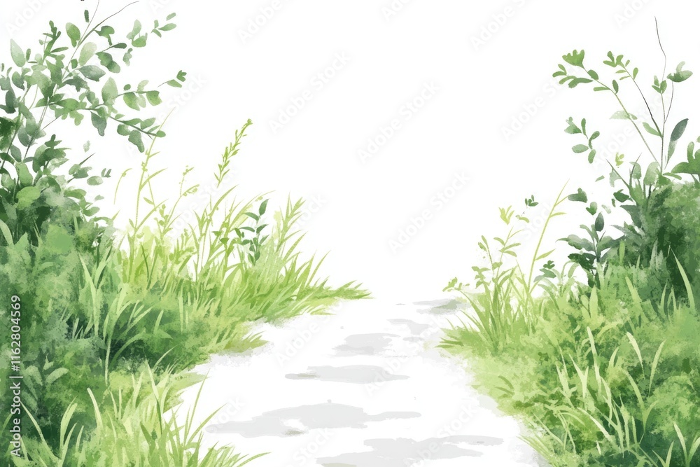 Poster a serene and idyllic scene featuring a winding path through lush green grass