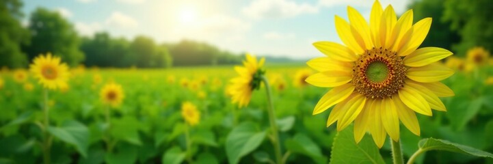 Obraz premium A single sunflower blooms brightly in a sea of green, landscape, agriculture