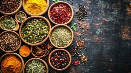 Aromatic Spices Arranged In Wooden Bowls On Dark Wood