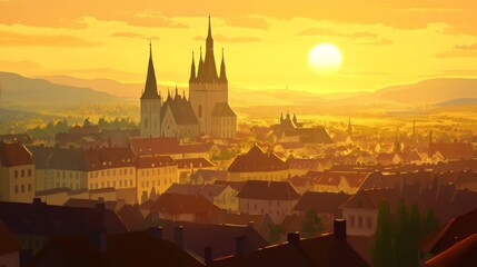 Naklejka premium Panoramic Urban View at Golden Hour
