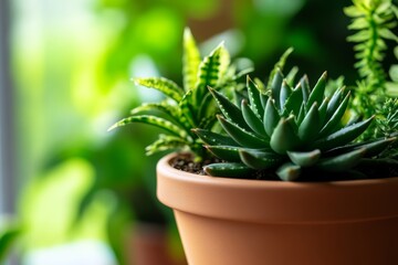 Fototapeta premium A vibrant collection of succulent plants in a terracotta pot, showcasing lush greenery and intricate shapes, perfect for nature lovers.