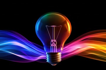 Vibrant Rainbow Beams of Light Emanating from a Glowing Bulb on a Black Background - Stunning Digital Illustration with Radiant Effects